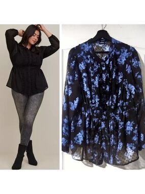 Torrid | Chiffon Clip Dot Ruffle Front Top In Blue Floral